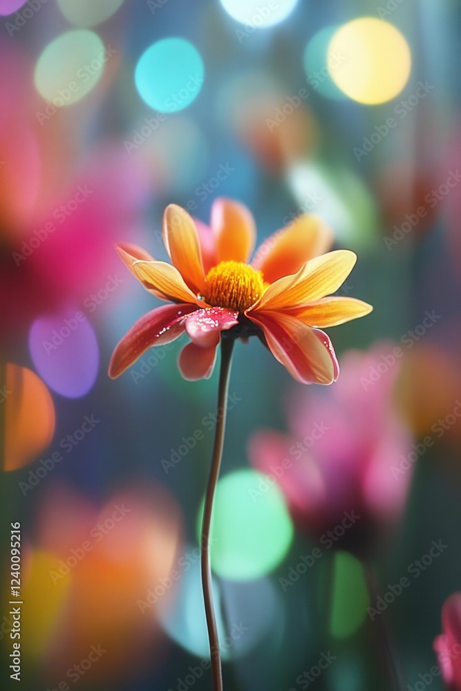 Poster orange flower with dew drops on petals against a vibrant bokeh background creating a soft mood