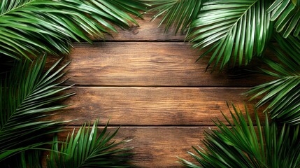 Lush Tropical Palm Leaves on Rustic Wooden Background: Summer, Exotic, Nature