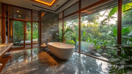 Fototapeta premium Luxurious spa bathroom space, floor to ceiling glass walls, grey marble accent wall, white freestanding bathtub, marble flooring, copper framed mirror, hidden LED lighting, tropical garden views
