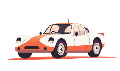 A small car is driving in the woods