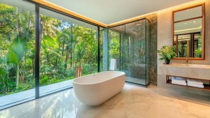 Fototapeta premium Luxurious spa bathroom space, floor to ceiling glass walls, grey marble accent wall, white freestanding bathtub, marble flooring, copper framed mirror, hidden LED lighting, tropical garden views