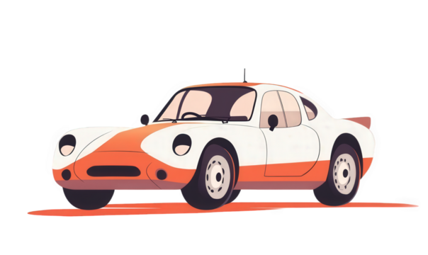 A small car is driving in the woods