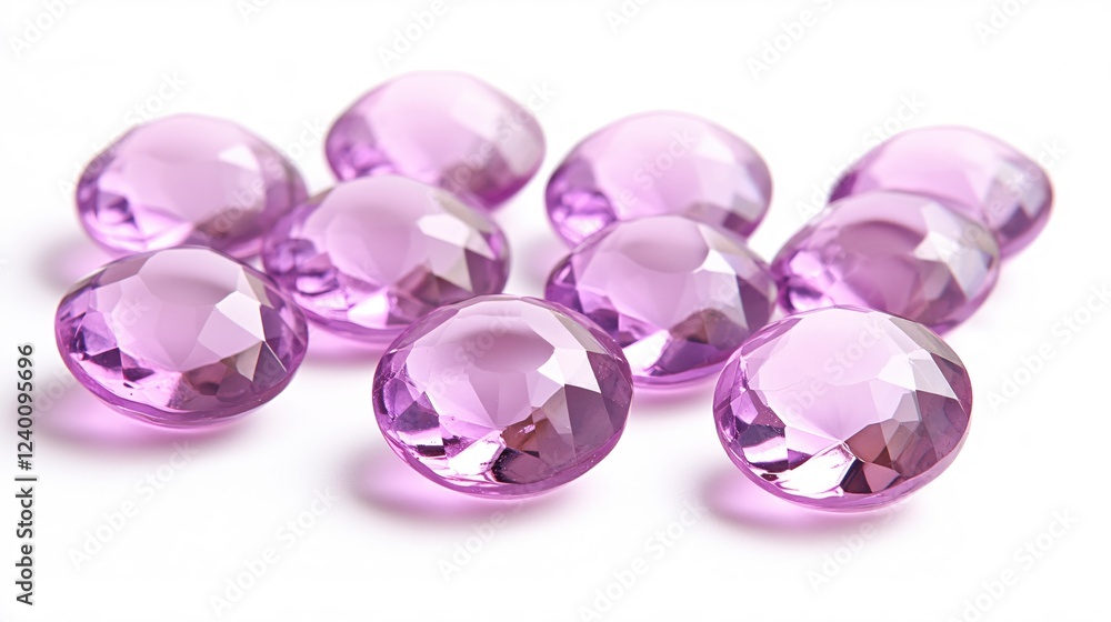 Poster elegant arrangement of faceted purple gems on a clean white background creating a soft light
