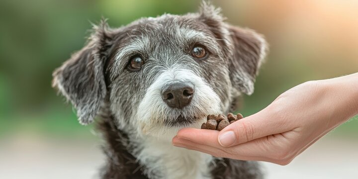 A close-up of a dog looking at a hand offering treats, showcasing a moment of affection and trust between pet and owner.