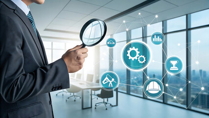 Business analysis, magnifying glass, data visualization, floating icons, office interior, transparent screens, corporate environment, digital technology, modern workspace, blue tones, professional att