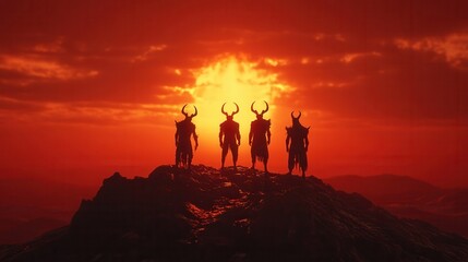 Fototapeta premium Silhouetted figures with horns stand atop a hill against a dramatic sunset, evoking a mystical and powerful atmosphere.
