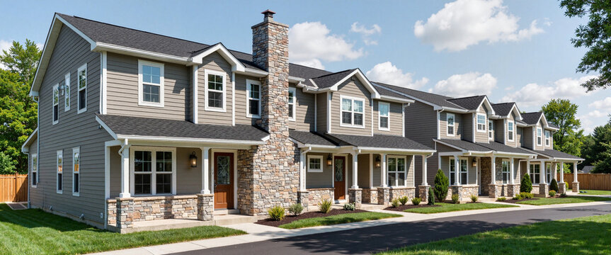 Modern townhomes with stone accents in a sunny suburban neighborhood
