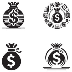 Black and White Money Bag Icon Set with Dollar Sign for Finance, Banking, Investment, and Business Concepts