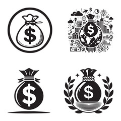 Black and White Money Bag Icon Set with Dollar Sign for Finance, Banking, Investment, and Business Concepts