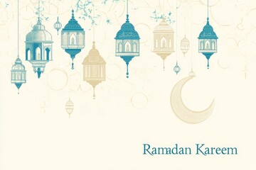 Ramadan lanterns, crescent moon, floral background, greeting card