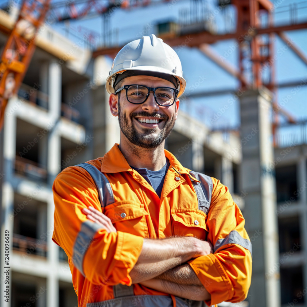 Poster builder in a helmet on the background of a construction site. generative ai
