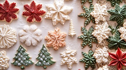 Holiday sugar cookies, festive shape cutouts, royal icing designs, christmas tree patterns, snowflake stars, sprinkled sugar details, red and green frosting, traditional baking photography