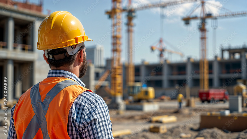 Poster builder in a helmet on the background of a construction site . generative ai