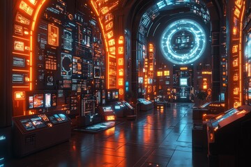 Futuristic control room corridor, glowing screens, digital displays, technology background