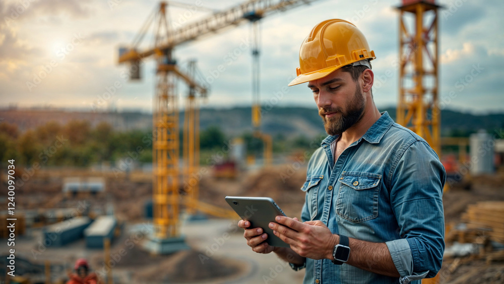Poster builder with laptop in a helmet on the background of a construction site . generative ai