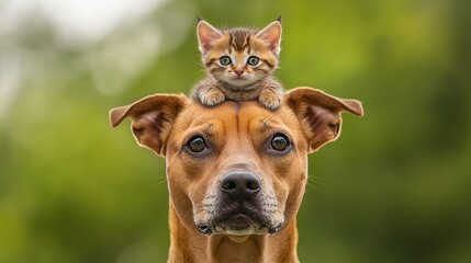Obraz premium Playful mixed breed dog with kitten on head, showcasing heartwarming animal friendship.
