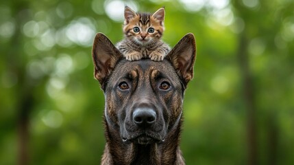 Fototapeta premium Playful mixed breed dog with kitten on head, showcasing heartwarming animal friendship.