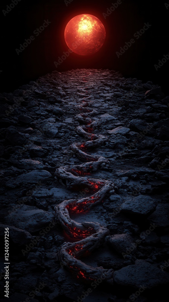 Poster a dark path leads to a glowing red moon, illuminated by a fiery trail, creating a surreal and myster