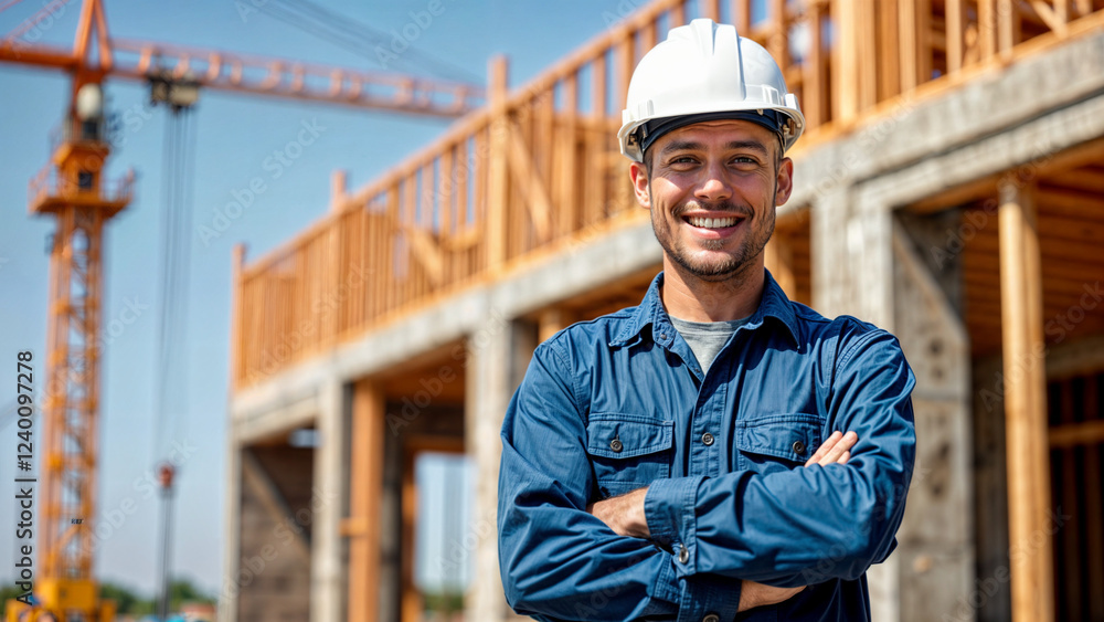 Poster builder in a helmet on the background of a construction site . generative ai