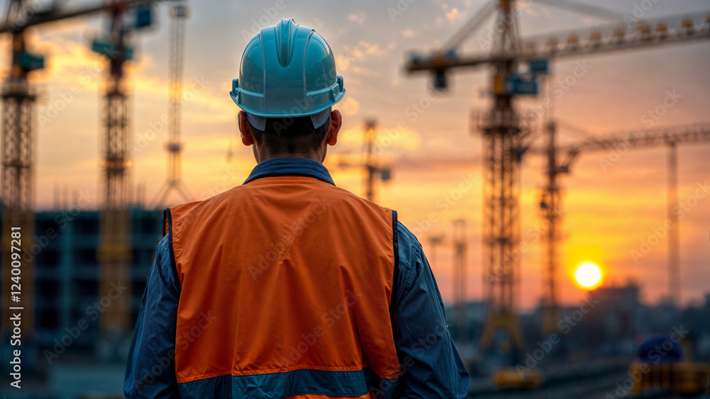 Poster builder in a helmet on the background of a construction site . generative ai