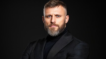 Obraz premium Serious man, dark suit, black background, corporate headshot