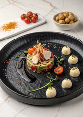 appetizer with salmon and caviar, food elegant expensive dish plate dark black gourmet dinner chef