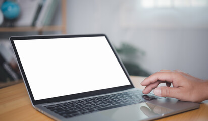 Blank screen laptop with white background for advertising text, Human hand use tablet and looking at it, Man using laptop contact business search information, Marketing and creative design.