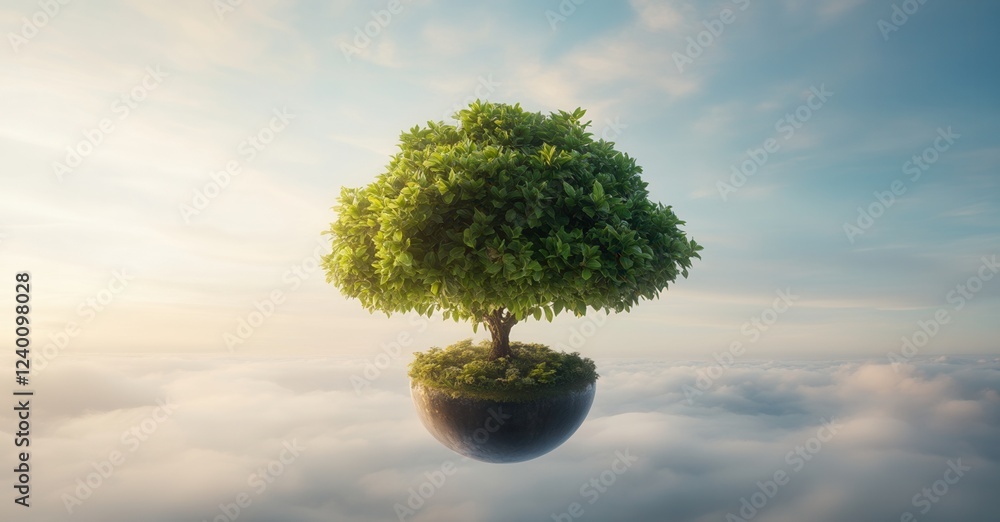 Poster a vibrant tree floats above the clouds, capturing a sense of tranquility and connection to nature in