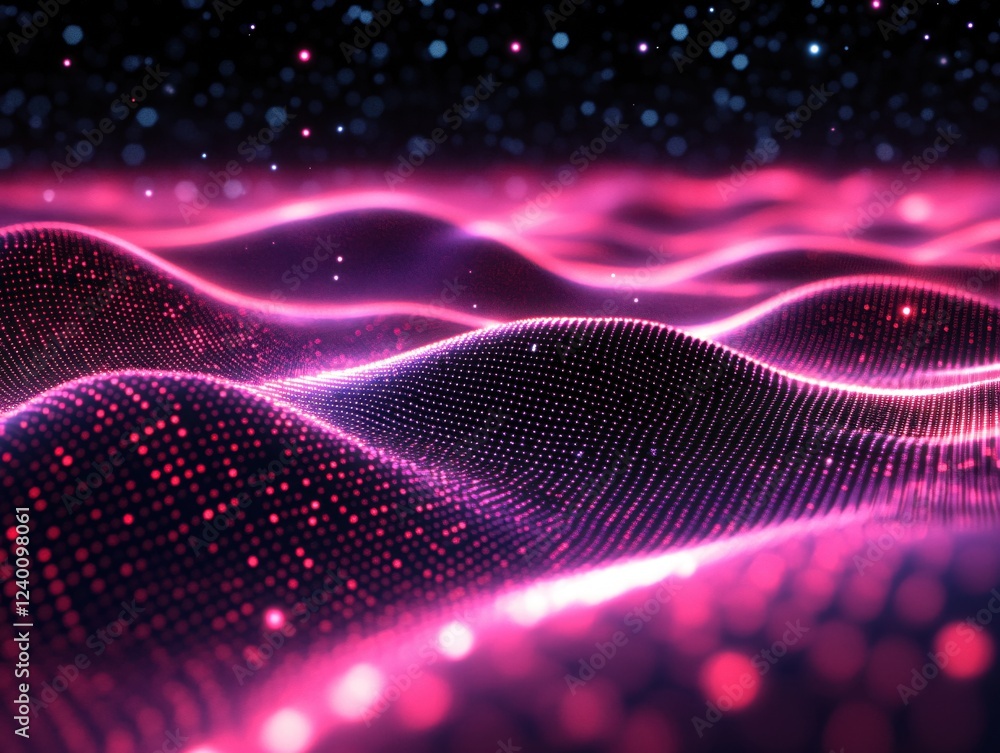 Poster abstract pink wave with bokeh lights in dark space creating a futuristic digital landscape