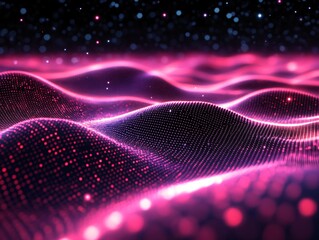 Abstract pink wave with bokeh lights in dark space creating a futuristic digital landscape
