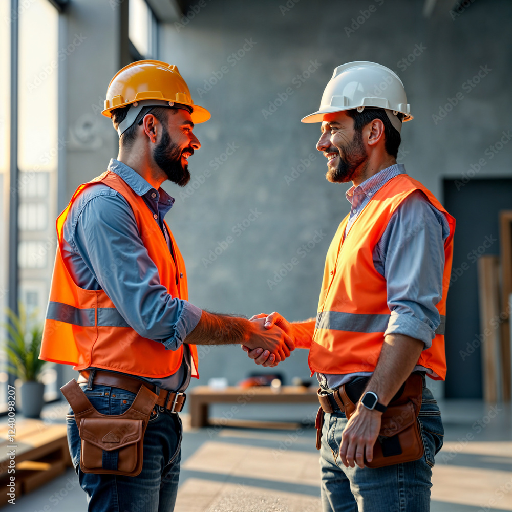 Aufkleber builder in a helmet on the background of a construction site . generative ai