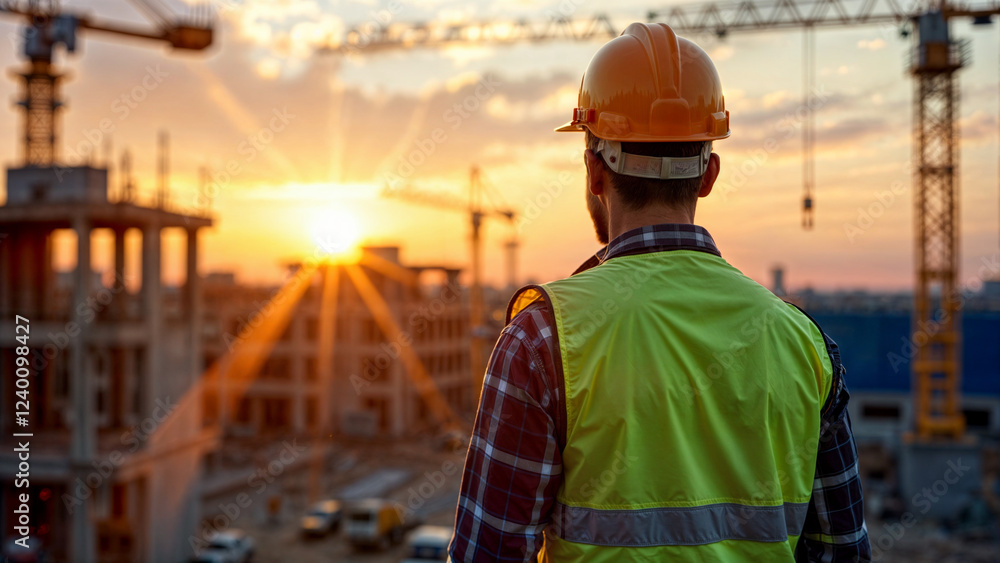 Poster builder in a helmet on the background of a construction site . generative ai