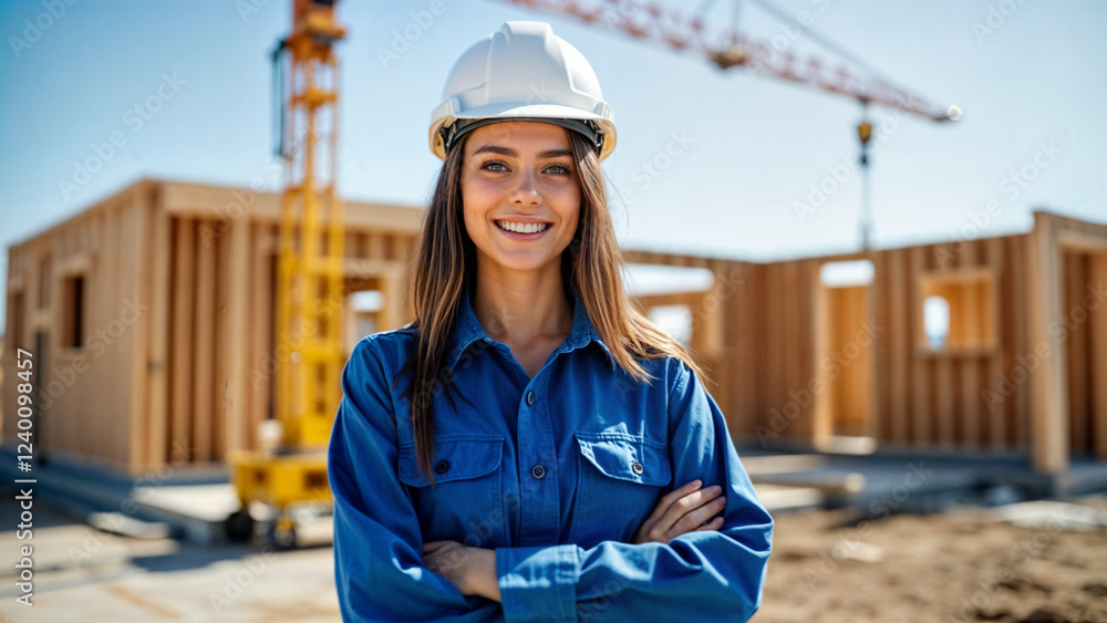 Aufkleber builder in a helmet on the background of a construction site . generative ai