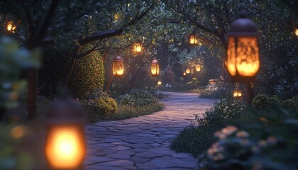 Enchanted Garden Path at Night with Glowing Lanterns