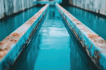 Obraz premium Waterway reflection industrial site photography urban environment low angle view serenity amidst decay