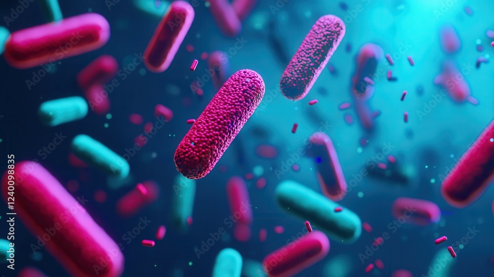 Poster dynamic bacteria activity under microscope laboratory setting scientific visualization close-up micr