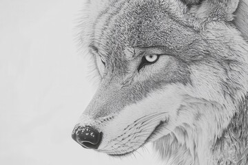 Majestic wolf portrait showcasing intricate fur details against a soft, snowy background