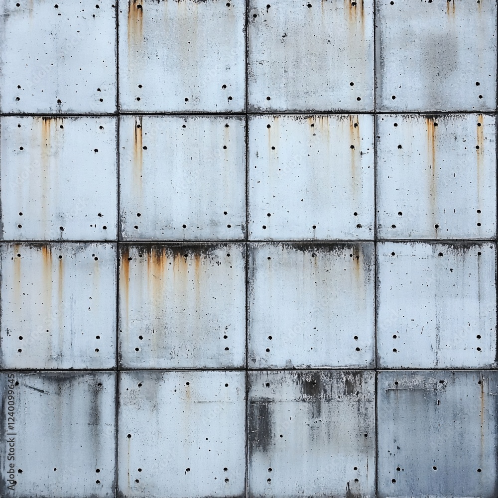 Poster weathered concrete panels forming a grid with rust stains and small holes creating a textured surfac