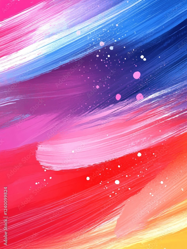 Poster vibrant brushstrokes create a dynamic abstract painting with a colorful gradient and splattered dots