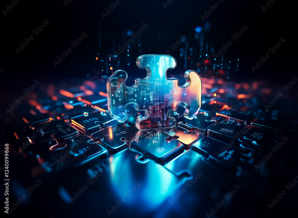 Poster glowing puzzle piece on a keyboard, representing digital solutions and problem-solving. data streams