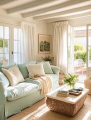 Fototapeta premium Serene Living Room With Pastel Sofa And Natural Light