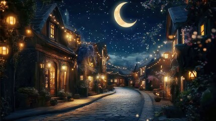 Enchanted Village Street at Night Under a Crescent Moon