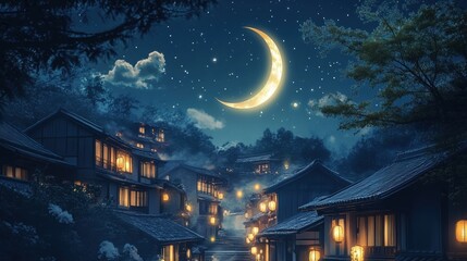 Naklejka premium Enchanted Village under Crescent Moon and Starry Sky