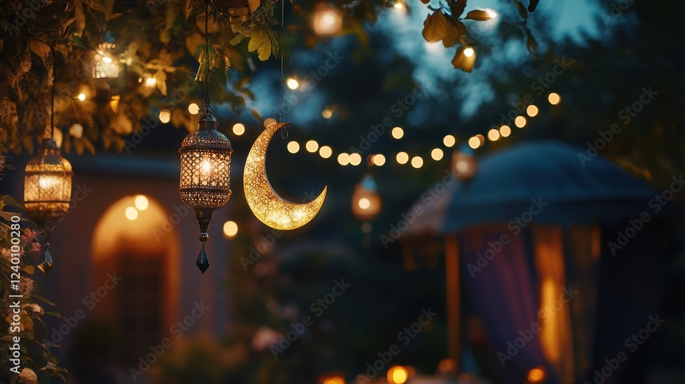 Aufkleber enchanting garden night scene with moon and string lights