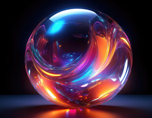 "A hyperrealistic 3D render of an AI glass orb, technologic, fluid, beautiful, dynamic looking, neon lights, colors: orange, red, purple, blue and pink. hyper realistic, 8k, high render