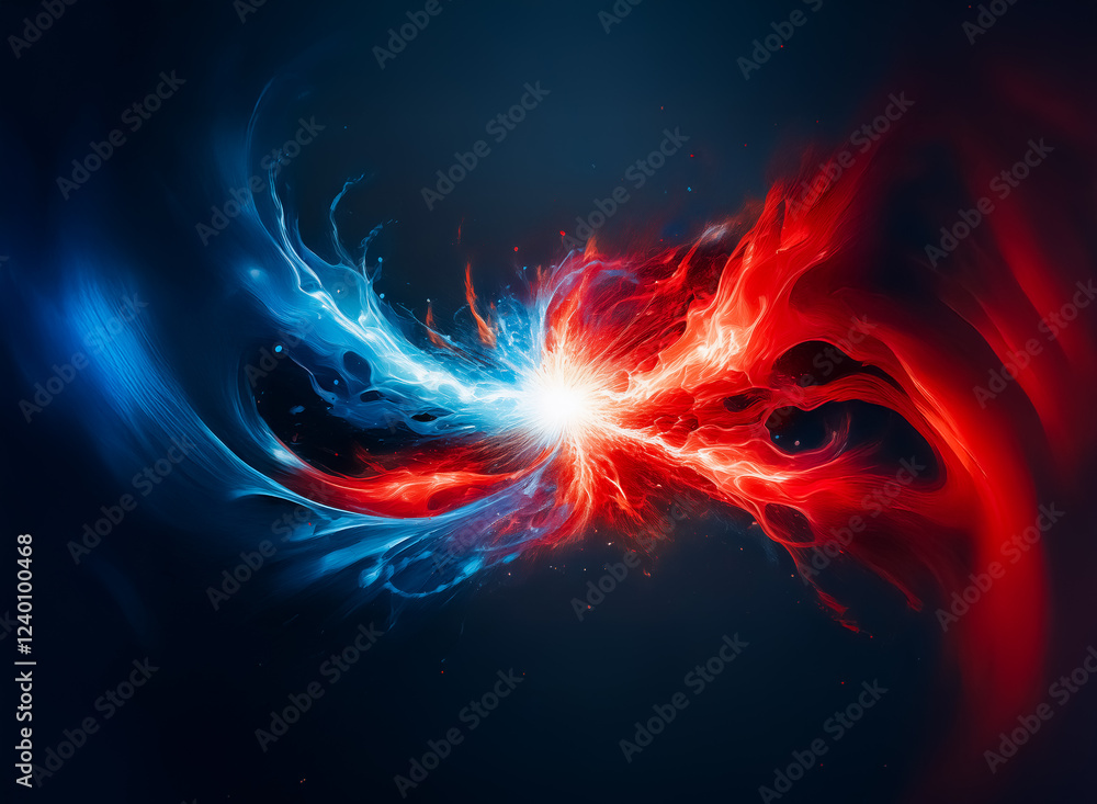 Poster a vibrant abstract artwork depicting a clash between fiery red and icy blue energies. the dynamic fo