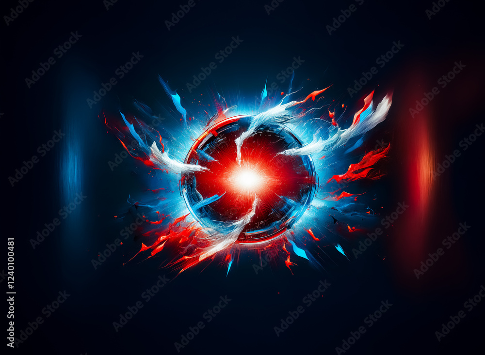 Poster a vibrant sphere explodes with contrasting red and blue energy, radiating intense light and dynamic,