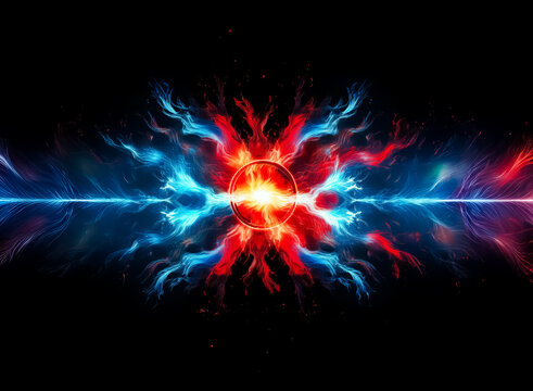A vibrant, symmetrical artwork depicting a fiery central sphere emanating energy in contrasting blue and red hues, creating a dynamic and intense visual effect.  The dark background enhances the lumin