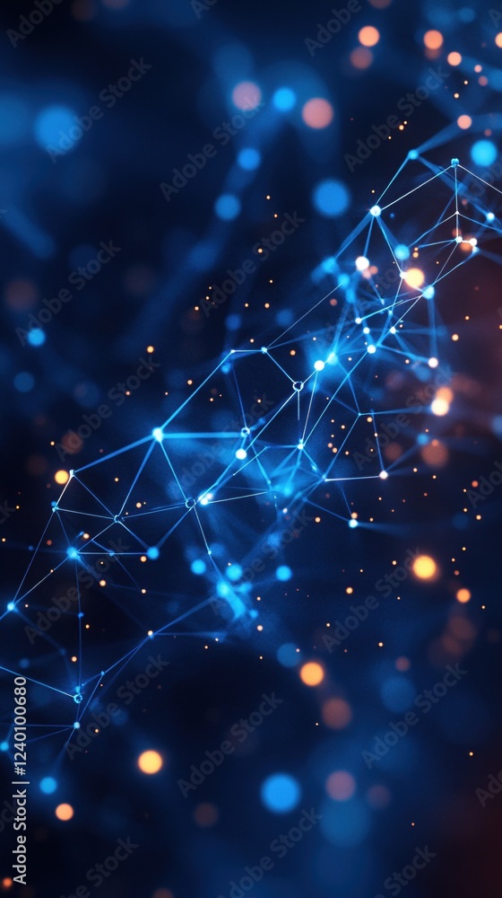 Poster abstract network connection with glowing nodes and bokeh lights on dark blue background