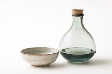 Glass bottle with dark liquid and ceramic bowl
